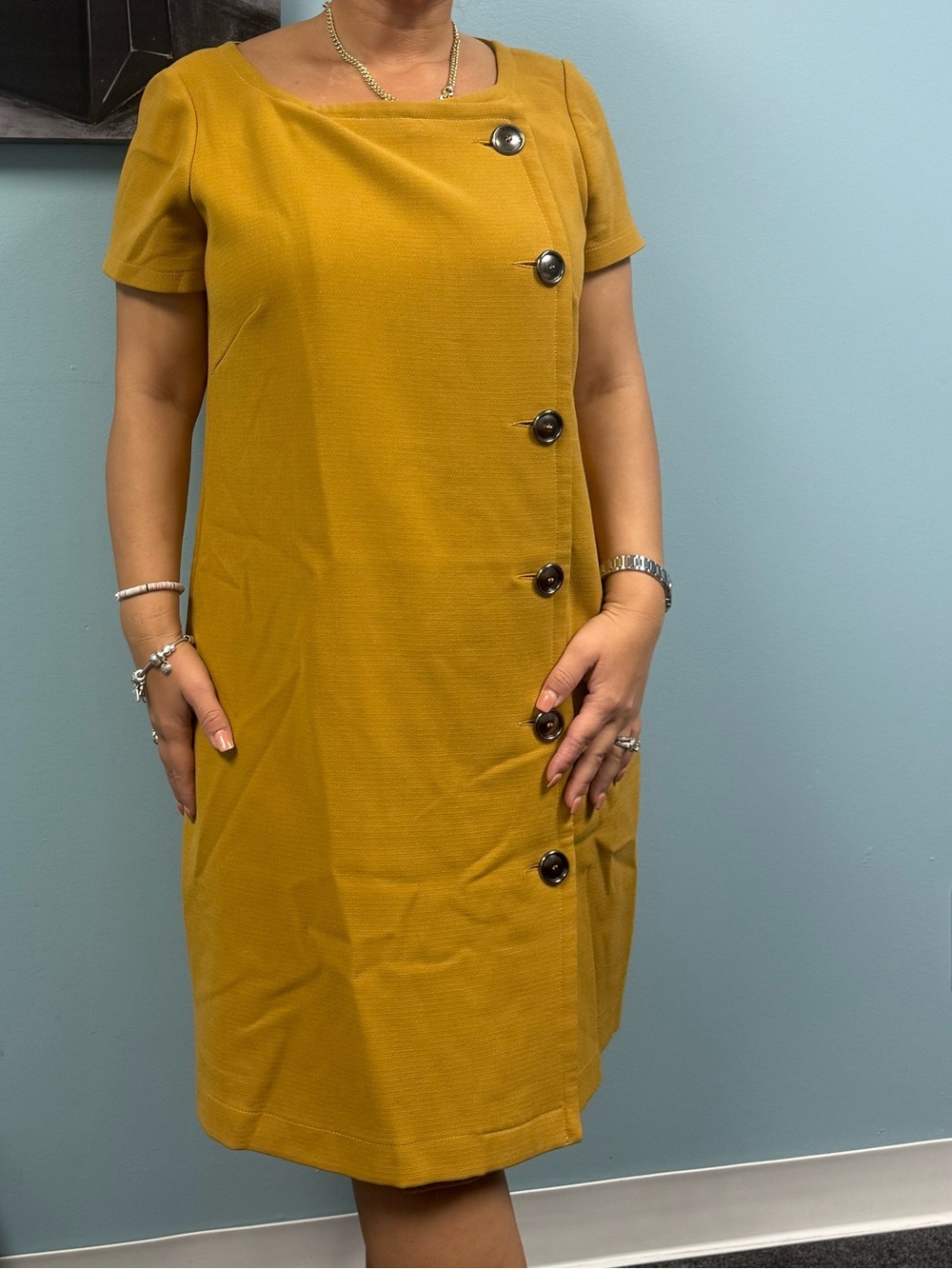 Sandro Mustard Short-Sleeve Shift Dress with Asymmetric Button Detail